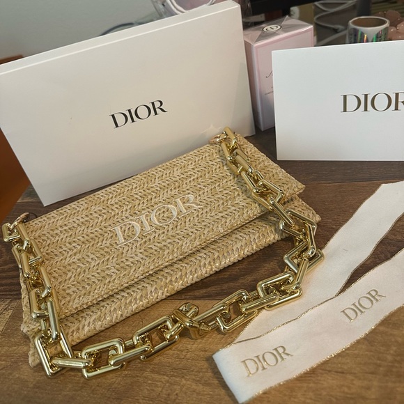 Dior Handbags - Dior Raffia cosmetic bag with chunky gold chain